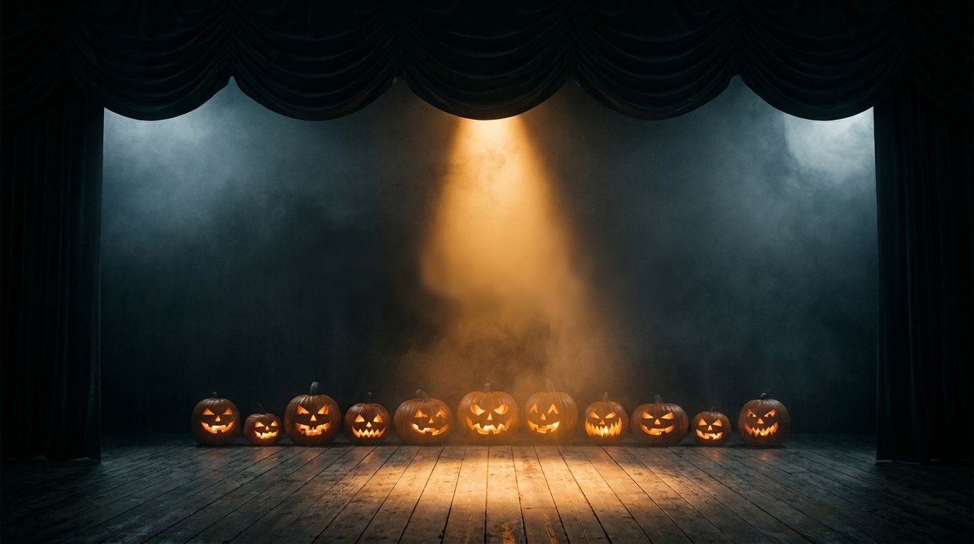 Escenario oscuro con calabazas iluminadas