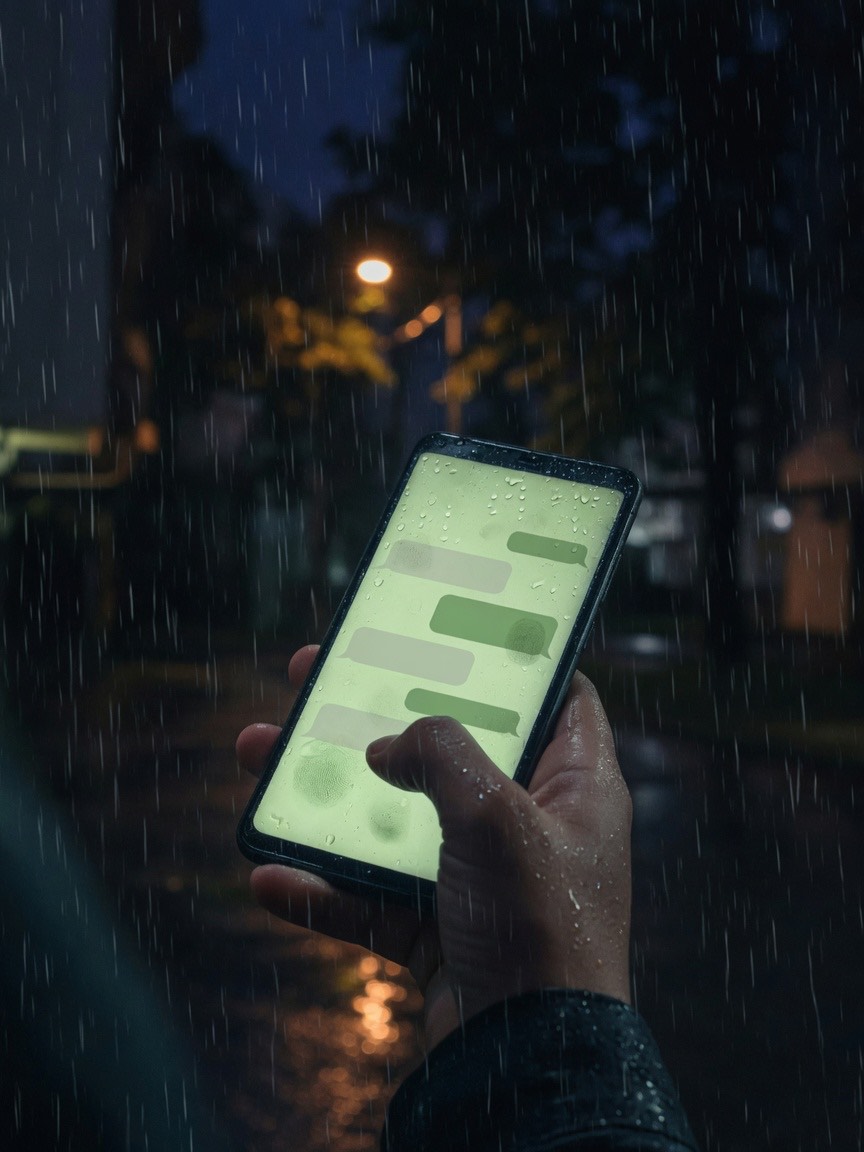 Una mano con el teléfono bajo la lluvia